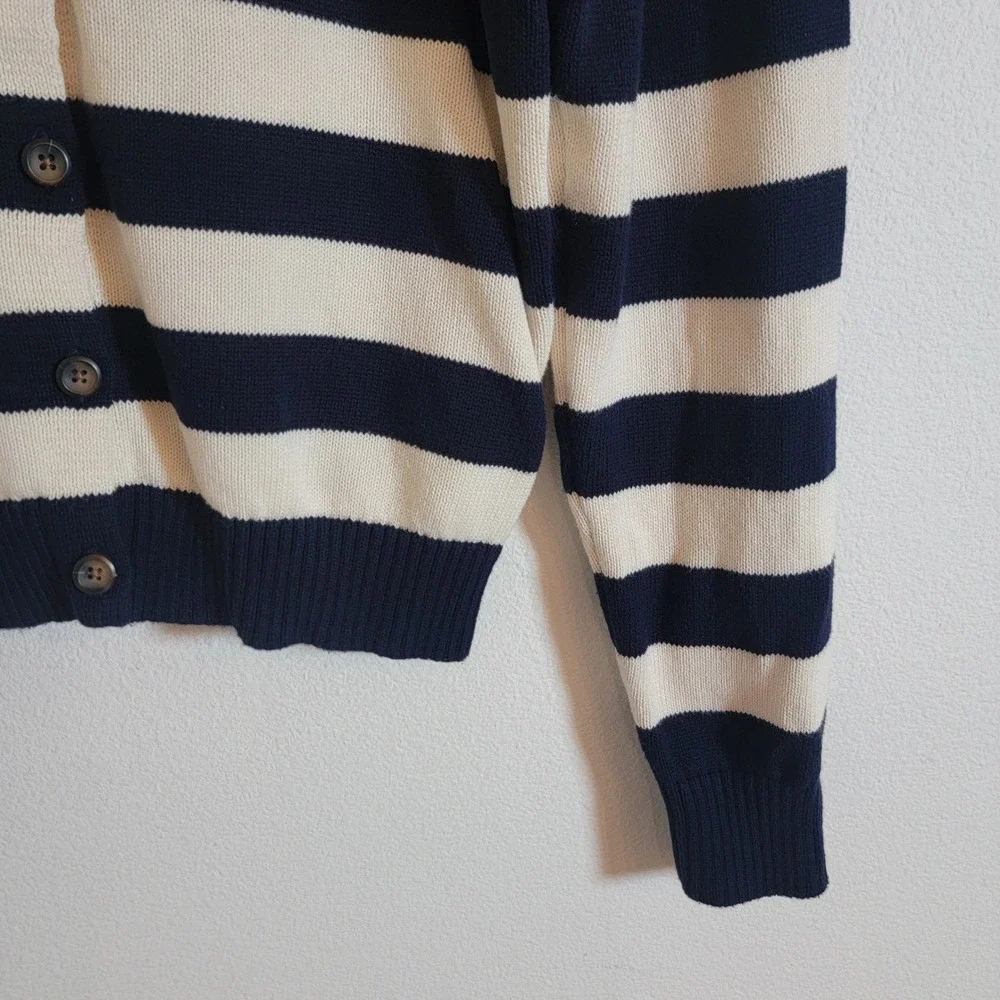 John Galt Stripe Amalie Button Front Cardigan Cotton Nautical Navy Blue Cream OS
